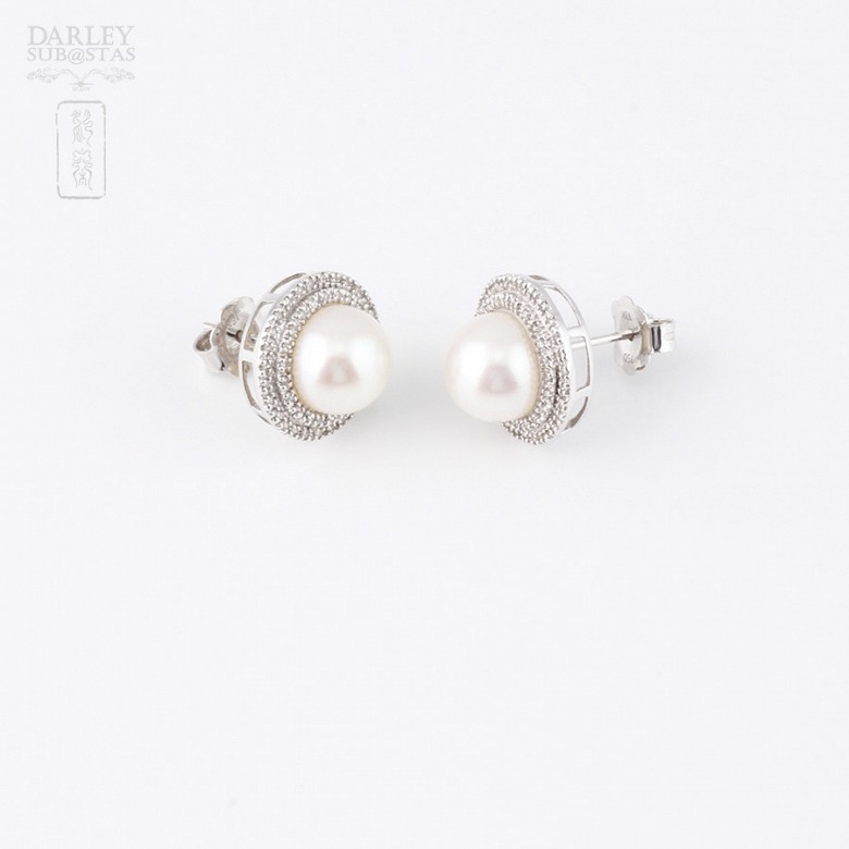 earrings with natural white pearl and  diamonds in 18k white gold - 2