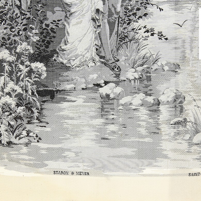Escena romántica en grisalla tejida en seda, ca. 1900.