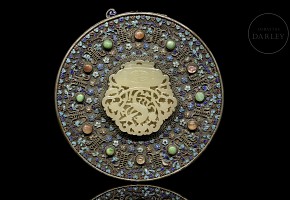 Espejo de plata con incrustaciones y esmaltes, Dinastía Qing