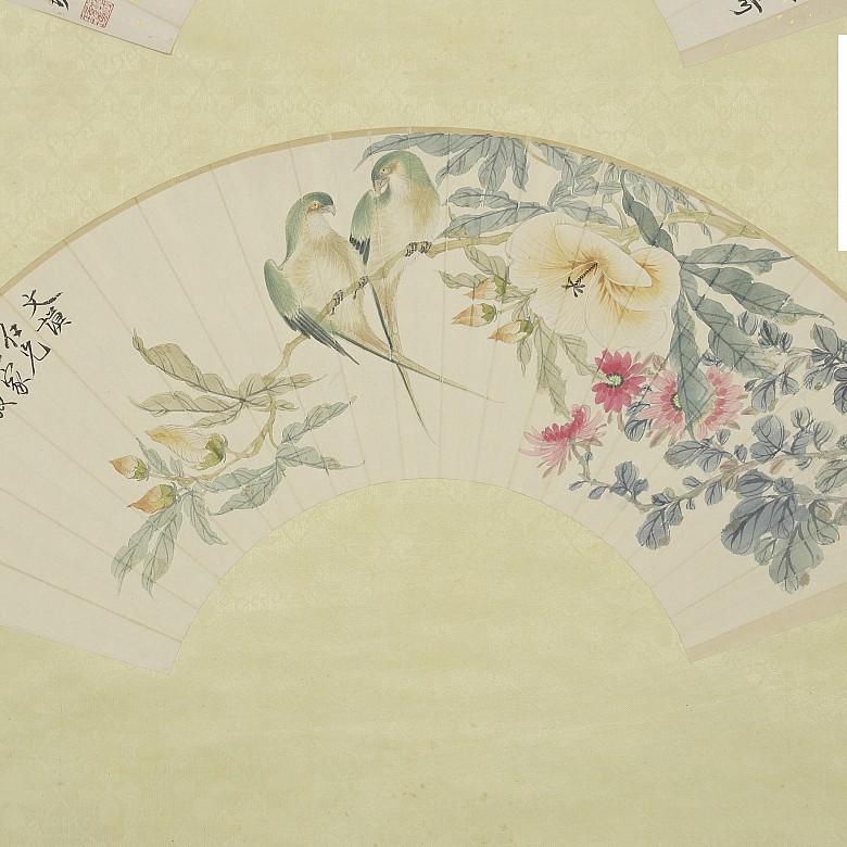 Pair of painted fan leafs, 20th century