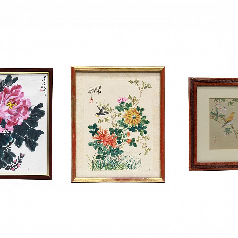 Tres pinturas de flores, China, s.XX