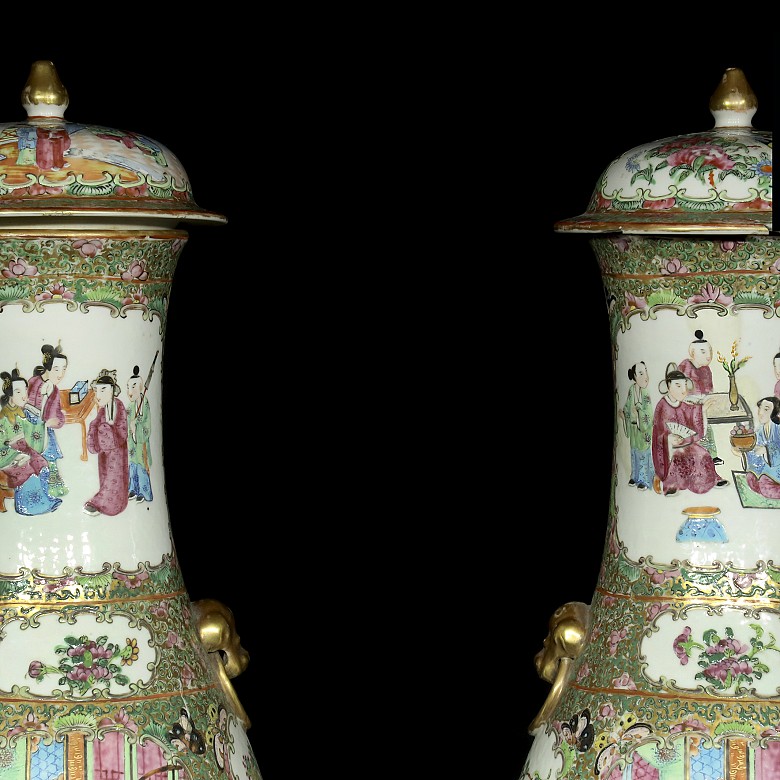 Pair of lidded vases, famille rose, Canton, 19th century - 5