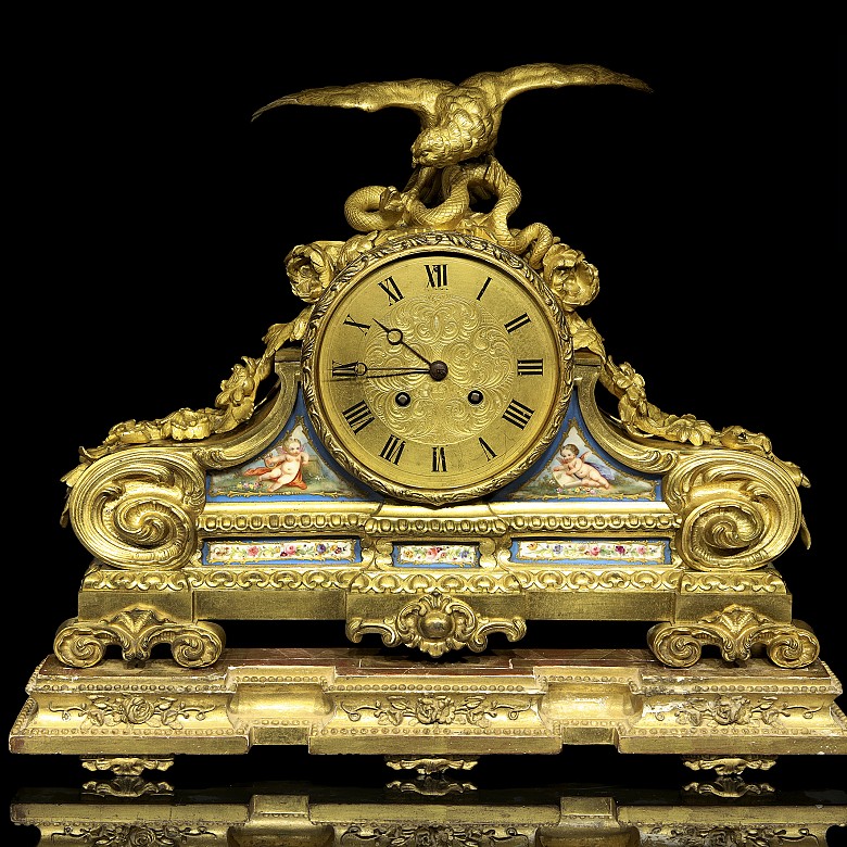 Reloj de sobremesa de bronce y porcelana, Francia, S.XIX - 9
