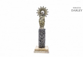 Virgen del pilar de metal sobre peana de mármol, s.XIX