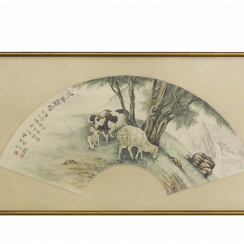 Pintura china para abanico con firma Bái Zōng Wè 