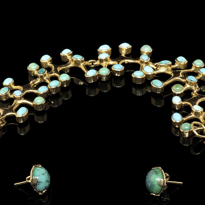 Bracelet and earrings set, 18k yellow gold and natural turquoise - 1