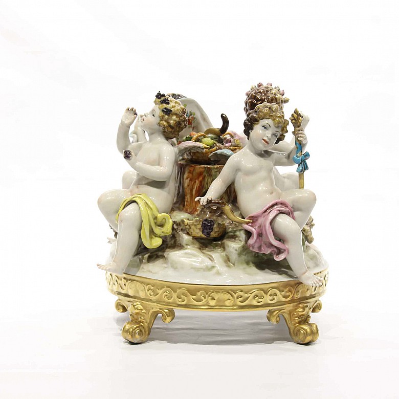 Glazed porcelain centerpiece representing god Bacchus on a base, Sebastian Mallol factory, 20th cent