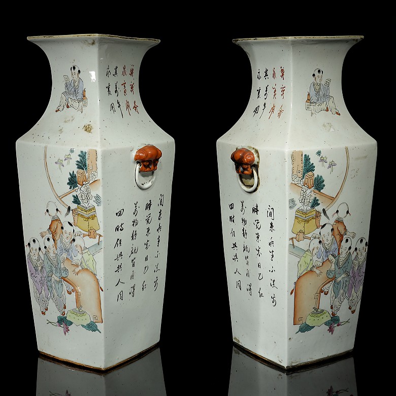 Pair of square vases famille rose, 19th century