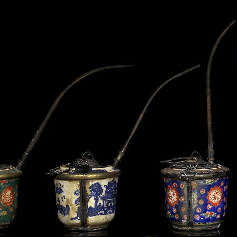 Three enamelled porcelain pipes, 19th - 20th century