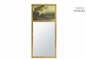 Large mirror with landscape and wooden frame, S.XX