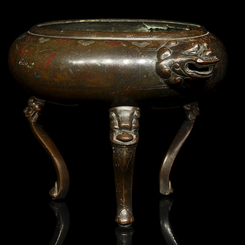 Inlaid bronze tripod censer, Qing dynasty - 2