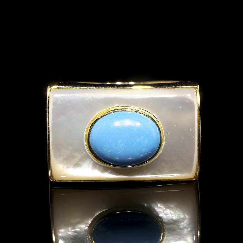 Turquoise and mother-of-pearl ring in 18k yellow gold - 2