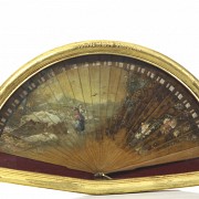 Fan with wooden linkage and scene