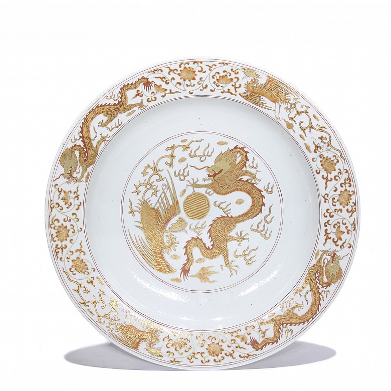 Large plate with dragon and phoenix, 20th century