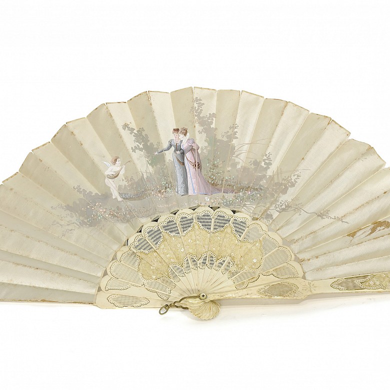 Bone and painted silk fan, 19th - 20th Century