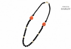 Onyx, coral and diamond bead necklace