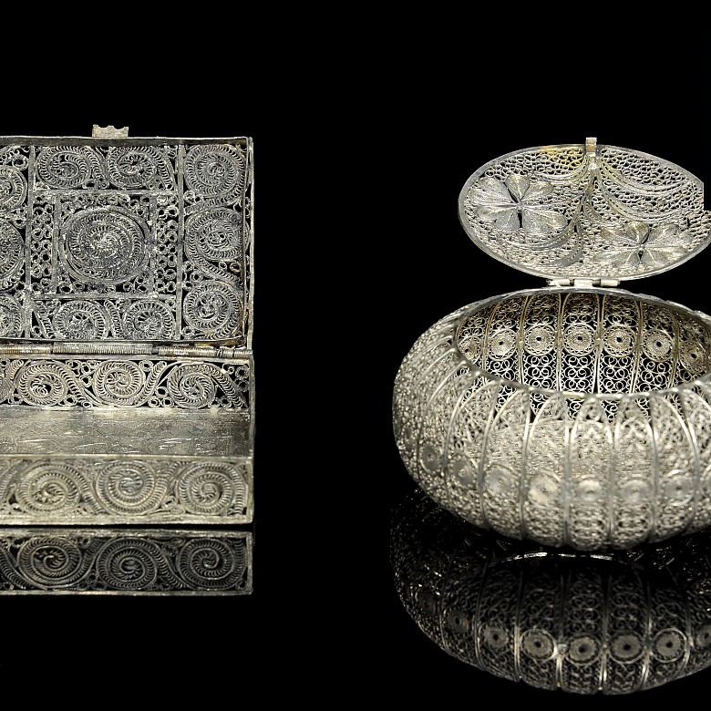 Dos cajas de plata en filigrana, Asia, pps.S.XX