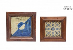 Two blue and white glazed ceramic tiles, 15th century