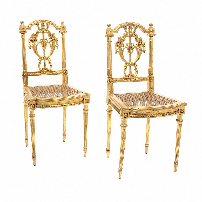 Pair of golden wood chairs and Louis XVI style grille seat,