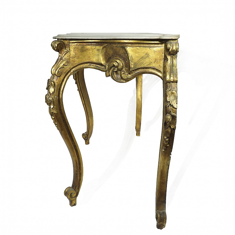 Consola de madera dorada con tapa de mármol, S.XX