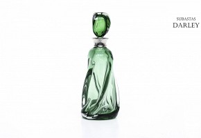 Green glass decanter with silver mouth, 20th century