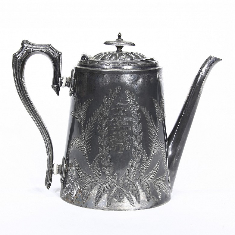 English silver plated metal teapot, ca 1897