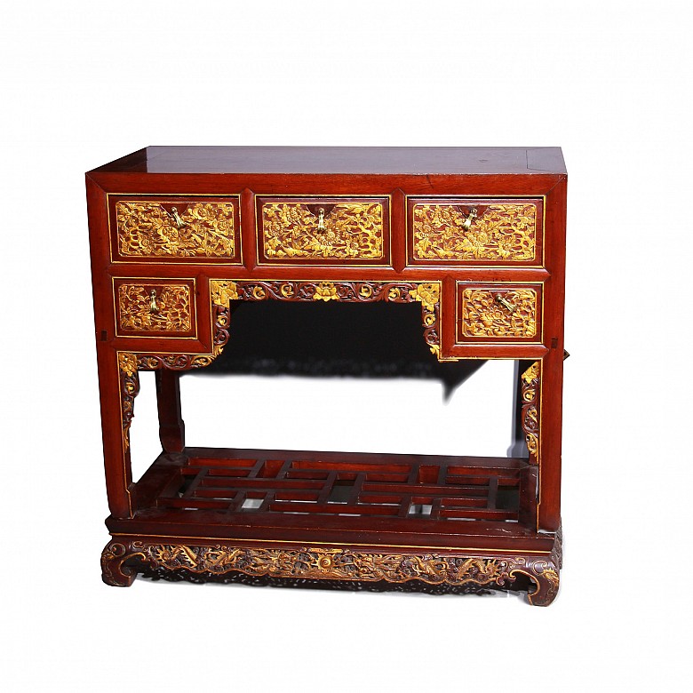 Carved and polychrome wooden desk, Peranakan, China. 20th century