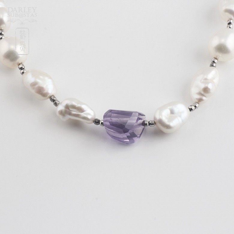 天然珍珠配紫晶925银项链 - 2