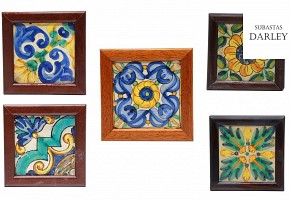 Five Valencian glazed ceramic tiles.