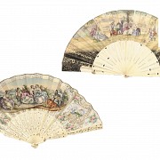 Two fans with carved bone linkage , painted paper.