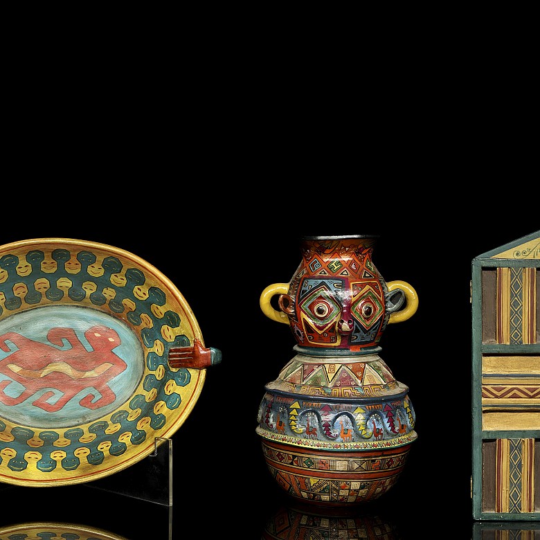 Three polychrome ceramic objects, Luca Lulli, 21st century