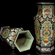 Two octagonal enamelled vases, 20th century