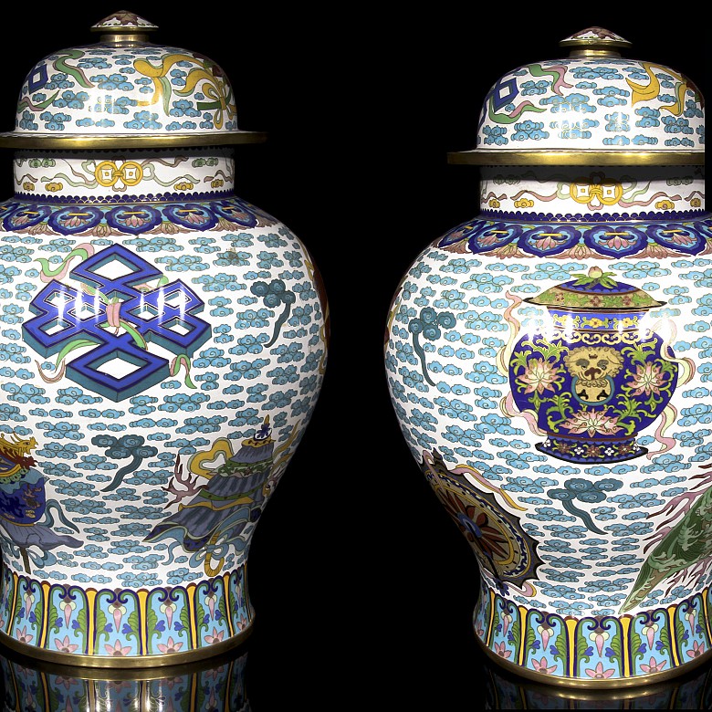 Pair of large cloisonne sharks.