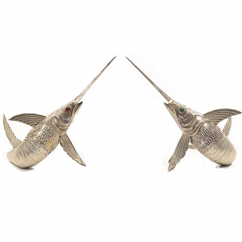 Pair of articulated tail swordfish, silver, med.s.XX
