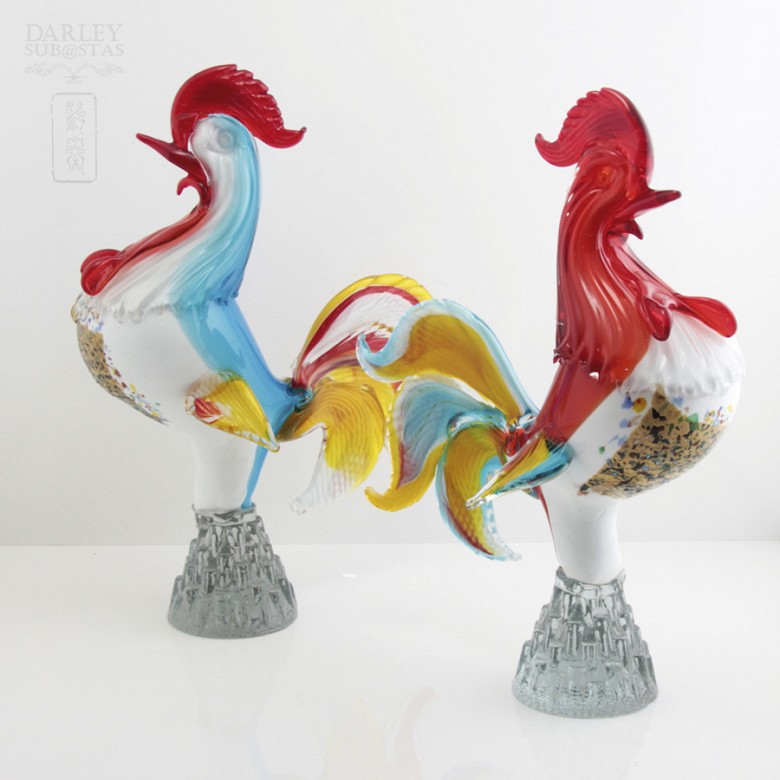 Pair of Murano glass roosters - 6