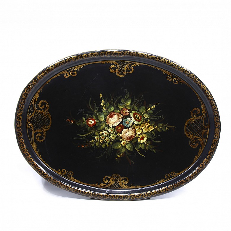 Metal tray with painted flowers, 20th century