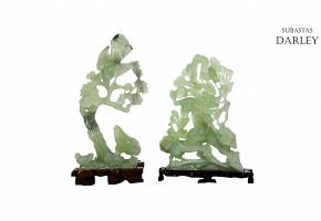 Pair of carved Nephrite figures, with base, 20th century