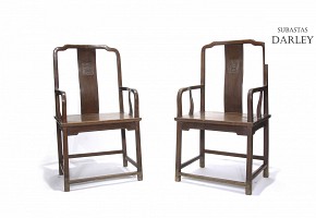Pair of Chinese wooden chairs, Ming style.