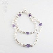 Necklace Amethyst and Pearl  in Sterling Silver, 925