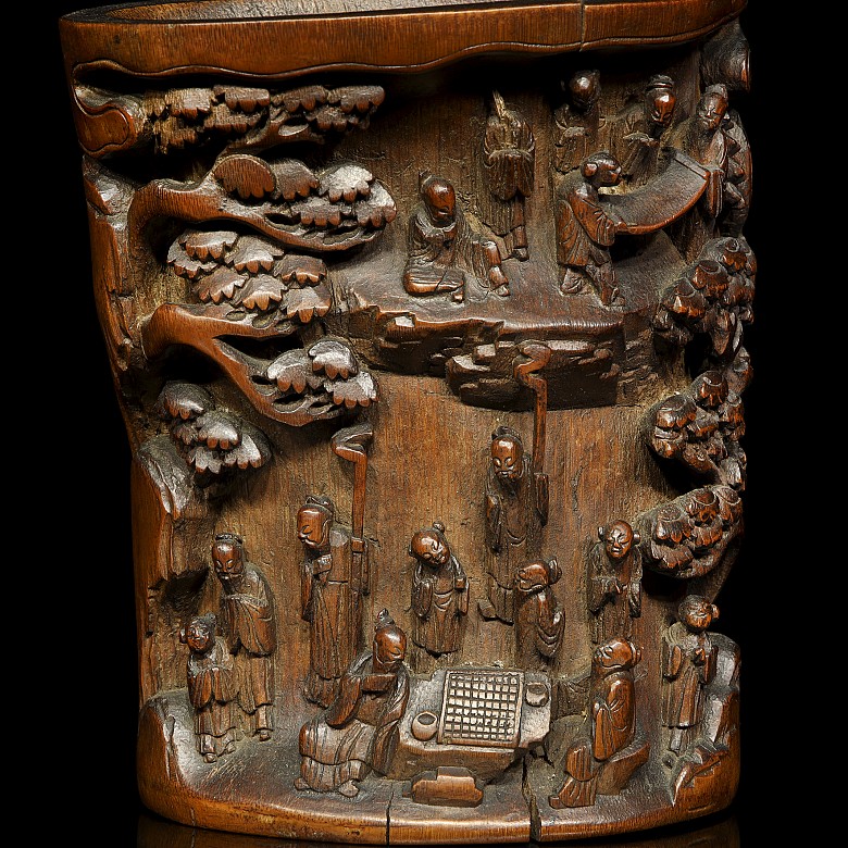 Carved bamboo brush pot 'Sages', Qing dynasty - 1