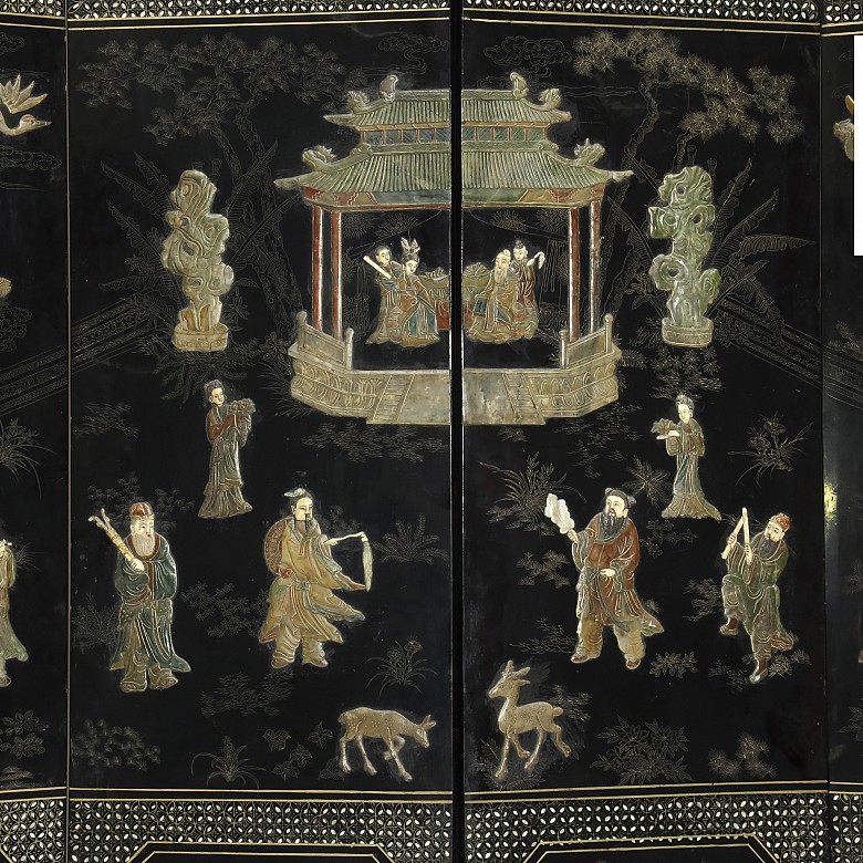 Chinese lacquered folding screen with six leaves, 20th century