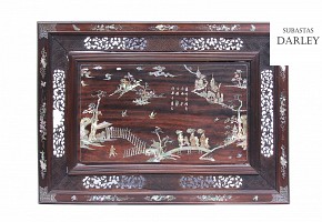 Chinese wooden plaque with mother-of-pearl inlays.