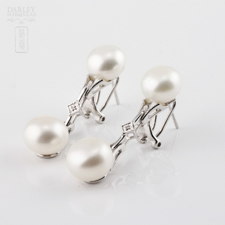 pendientes  con perla y diamantes en oro blanco de 18k - 1