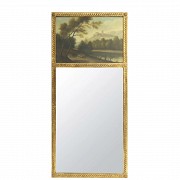 Gran espejo con paisaje y marco de madera, S.XX
