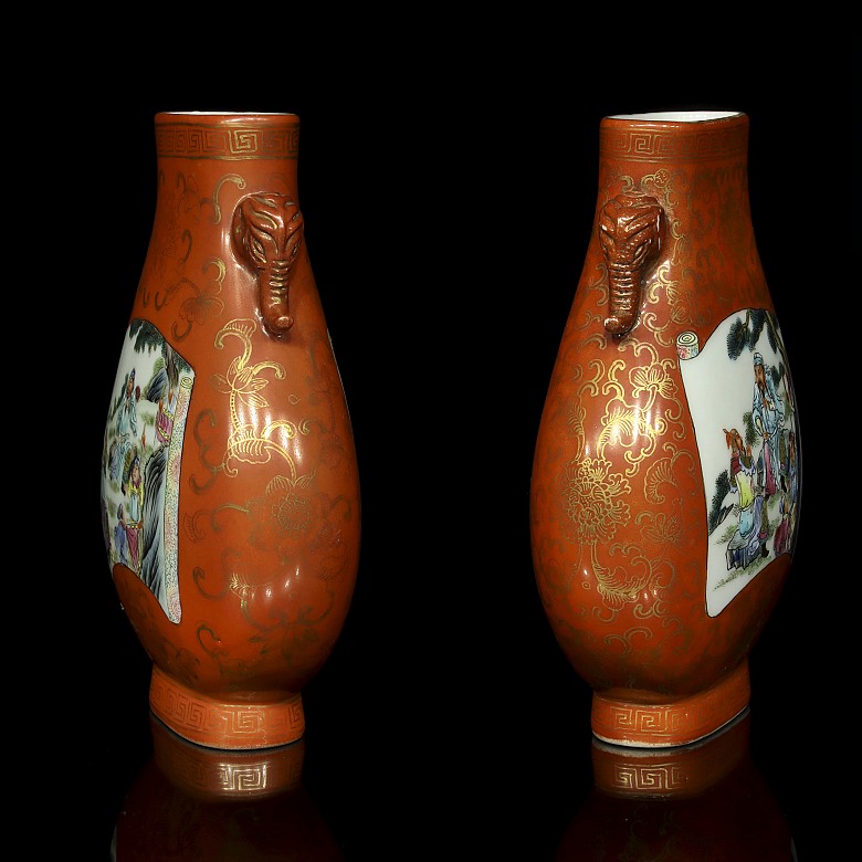 Two enameled vases with warriors, 20th century