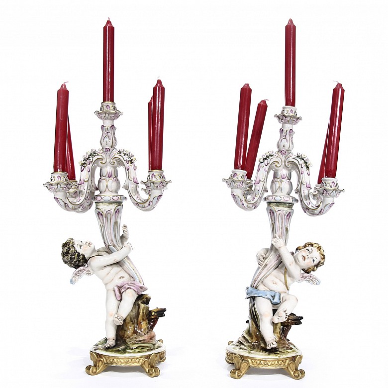 Pair of German porcelain candlesticks, 20th century