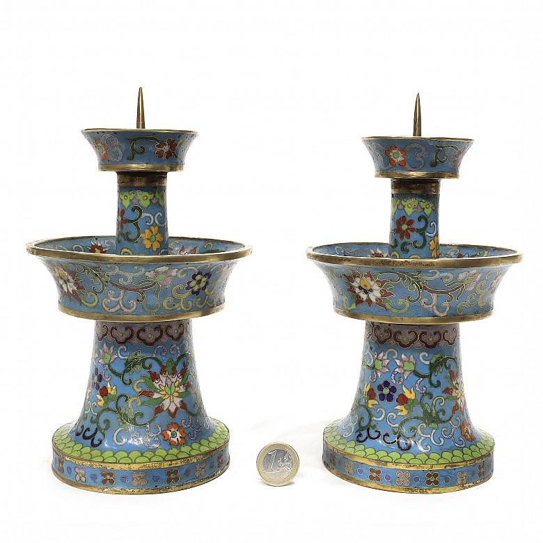 Pair of cloisonne candlesticks, 20th century