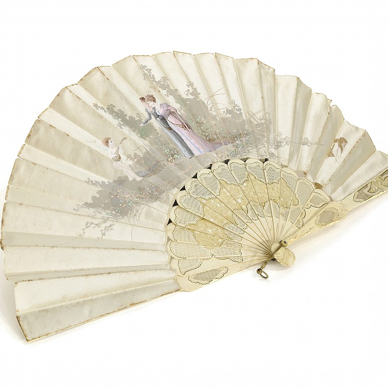 Bone and painted silk fan, 19th - 20th Century - 1