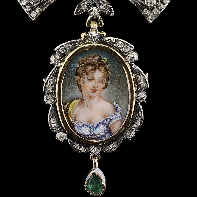 Elizabethan style, diamond and emerald pendant brooch - 2