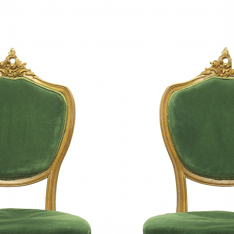 Tresillo y sillas tapizados en terciopelo verde, S.XX - 11
